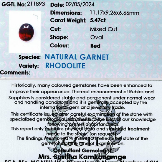 5.47 ct Oval Red Rhodolite Garnet