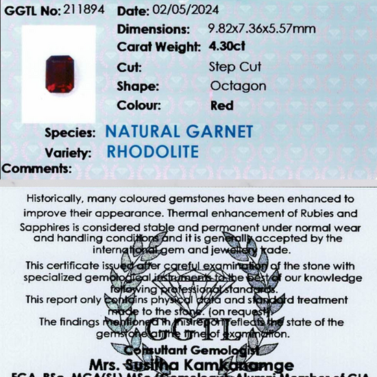 4.30 ct Octagonal Red Rhodolite Garnet