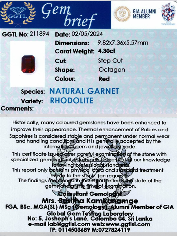 4.3 ct Octagonal Red Rhodolite Garnet
