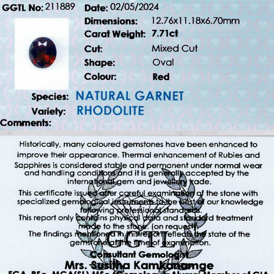 7.71 ct Oval Red Rhodolite Garnet