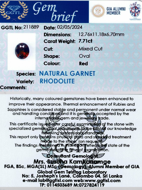 7.71 ct Oval Red Rhodolite Garnet