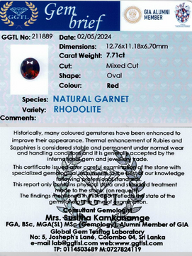 7.71 ct Oval Red Rhodolite Garnet