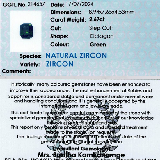 2.67 ct Octagonal Green Zircon
