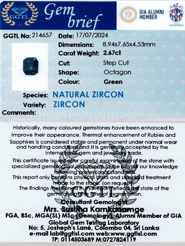 2.67 ct Octagonal Green Zircon