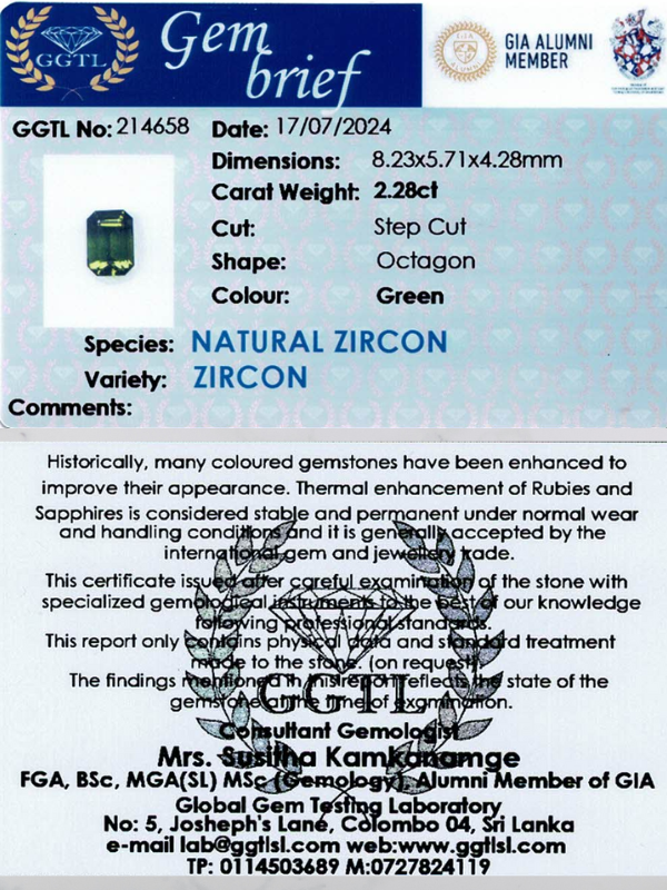2.28 ct Octagonal Green Zircon