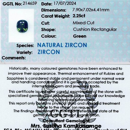 2.25 ct Cusion Green Zircon