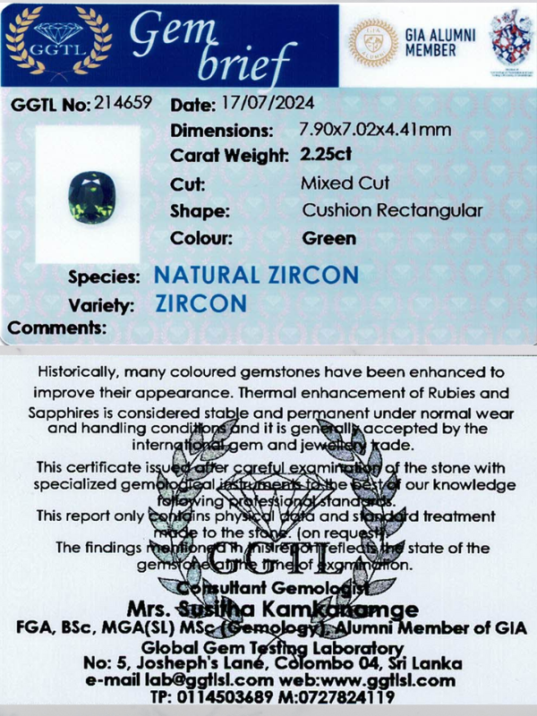 2.25 ct Cusion Green Zircon