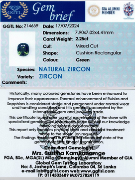 2.25 ct Cusion Green Zircon