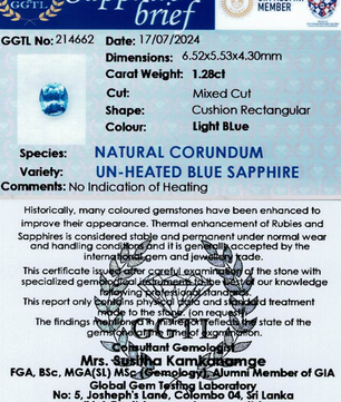 1.28 ct Rectangular Light Blue Unheated Sapphire