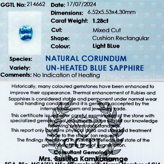 1.28 ct Rectangular Light Blue Unheated Sapphire