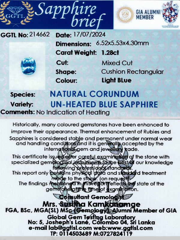 1.28 ct Rectangular Light Blue Unheated Sapphire