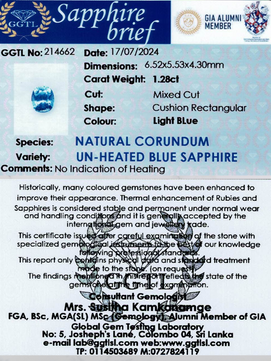 1.28 ct Rectangular Light Blue Unheated Sapphire