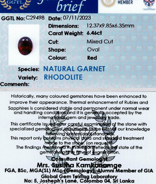 6.46 ct Oval Red Rhodolite Garnet