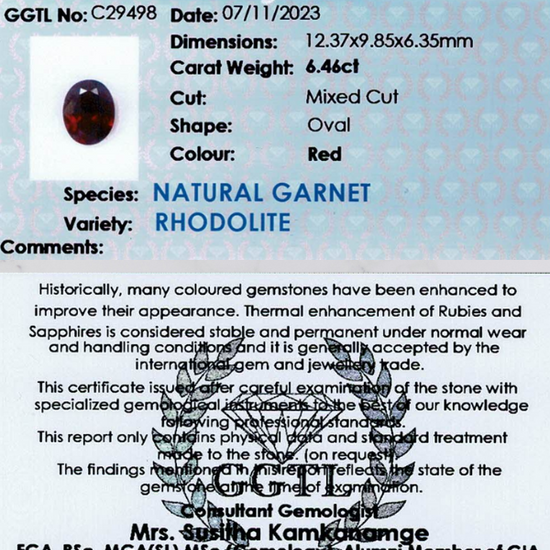 6.67  ct Oval Red Rhodolite Garnet