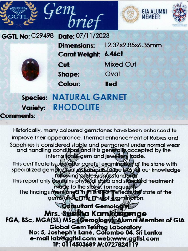 6.46 ct Oval Red Rhodolite Garnet