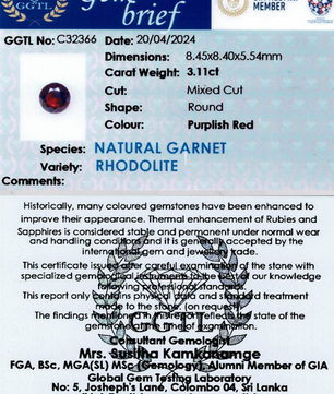 3.11 ct Round Purplish-Red Rhodolite Garnet