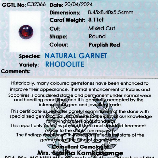 3.11 ct Round Purplish-Red Rhodolite Garnet