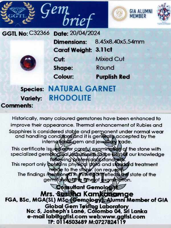 3.11 ct Round Purplish-Red Rhodolite Garnet
