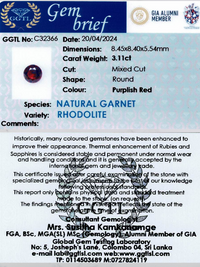 3.11 ct Round Purplish-Red Rhodolite Garnet