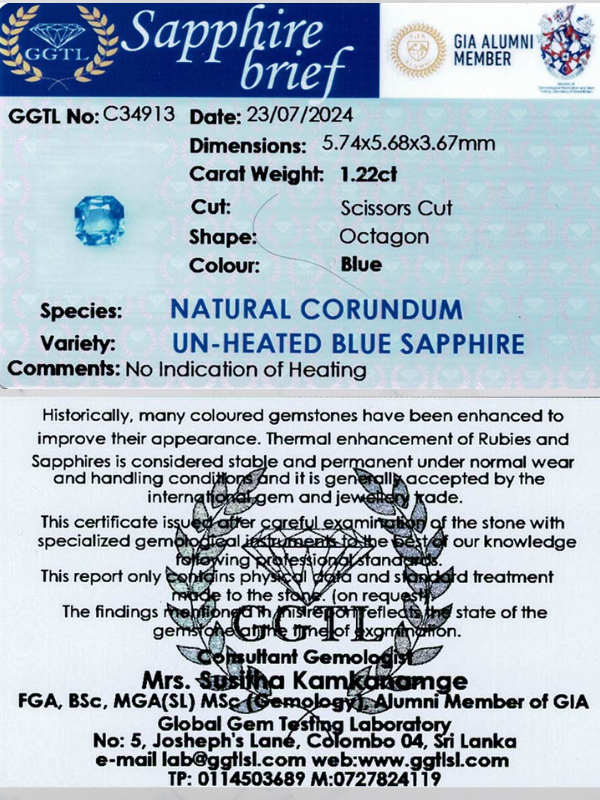 1.22 ct Octagonal Blue Sapphire