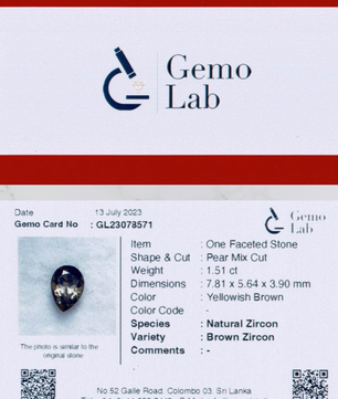 1.51ct Pear Shaped Yellowish-Brown Zircon