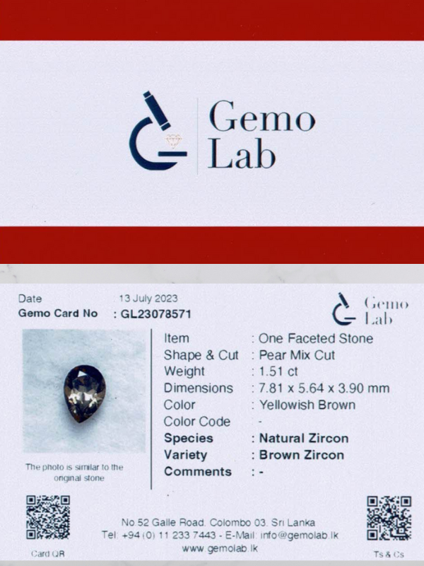 1.51ct Pear Shaped Yellowish-Brown Zircon