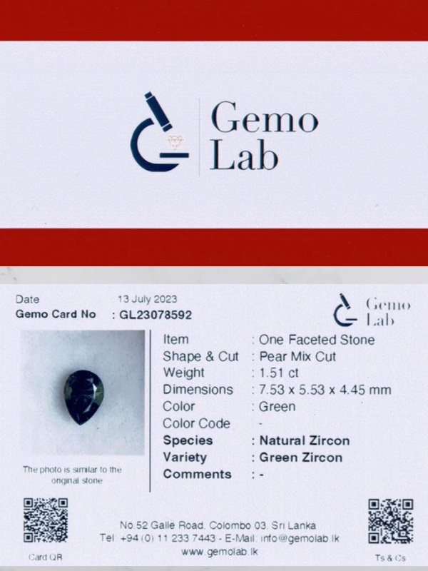 1.51ct Pear Shaped Green Zircon