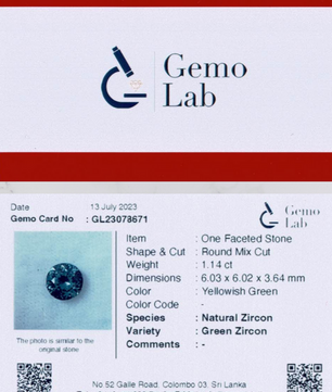 1.14 ct Round Yellowish-Green Zircon