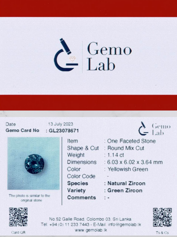 1.14 ct Round Yellowish-Green Zircon