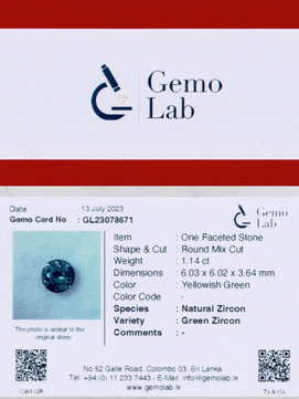 1.14 ct Round Yellowish-Green Zircon