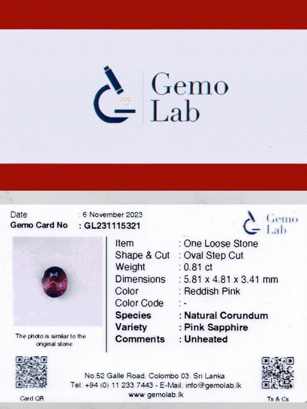 0.81ct Step Oval Cut Reddish Pink Unheated Pink Sapphire Certified