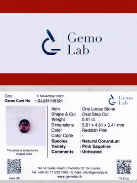 0.81ct Step Oval Cut Reddish Pink Unheated Pink Sapphire Certified