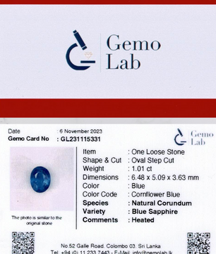 1.01ct Oval Cornflower Blue Heated Sapphire