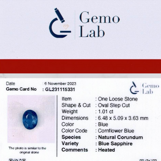 1.01 ct Oval Cornflower Blue Heated Sapphire