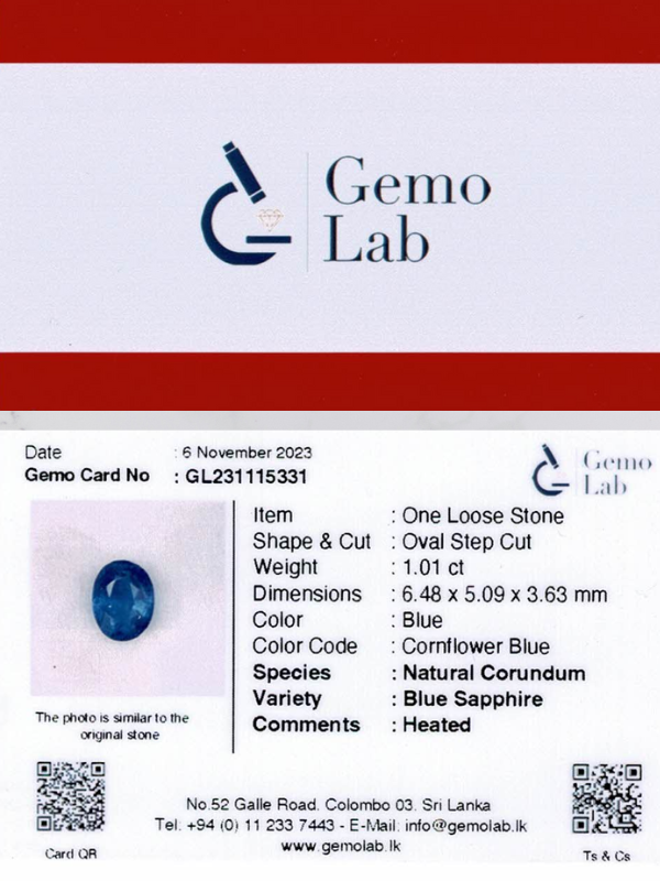 1.01ct Oval Cornflower Blue Heated Sapphire