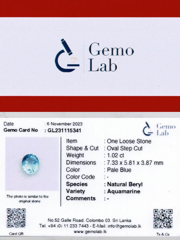 1.02 ct Oval Pale Blue Aquamarine