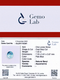 1.02 ct Oval Pale Blue Aquamarine