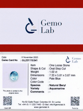 1.02 ct Oval Pale Blue Aquamarine