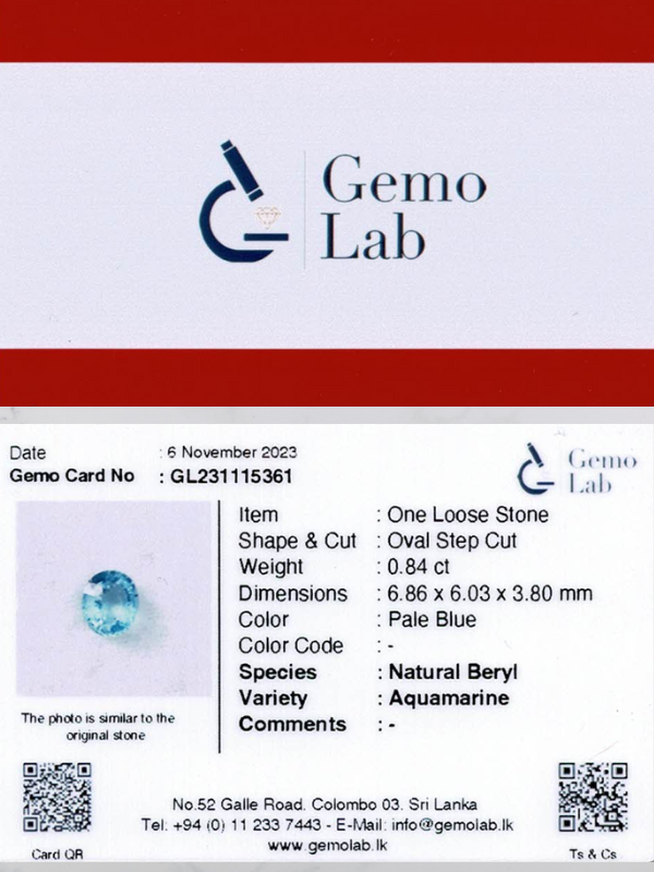 0.84 ct Oval Pale Blue Aquamarine